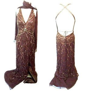 Formal Evening Dress Gown Brown Sequin Beads with Scarf Size S